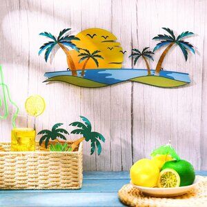 Coastal Palm Tree Metal Wall Art Outdoor Beach Ocean Sunset Palm Trees Waves